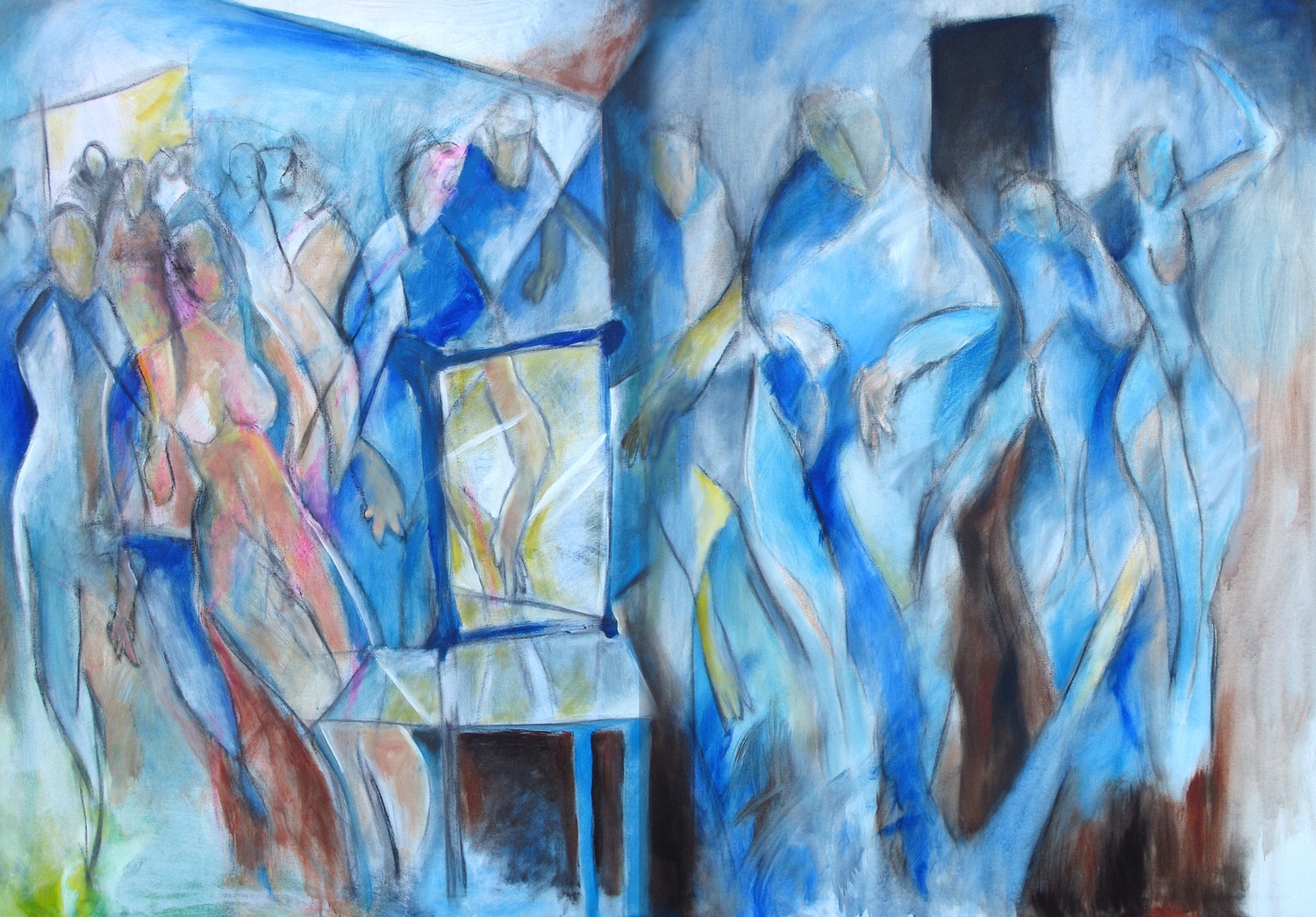 Abstract oil painting of figures in blue tones.