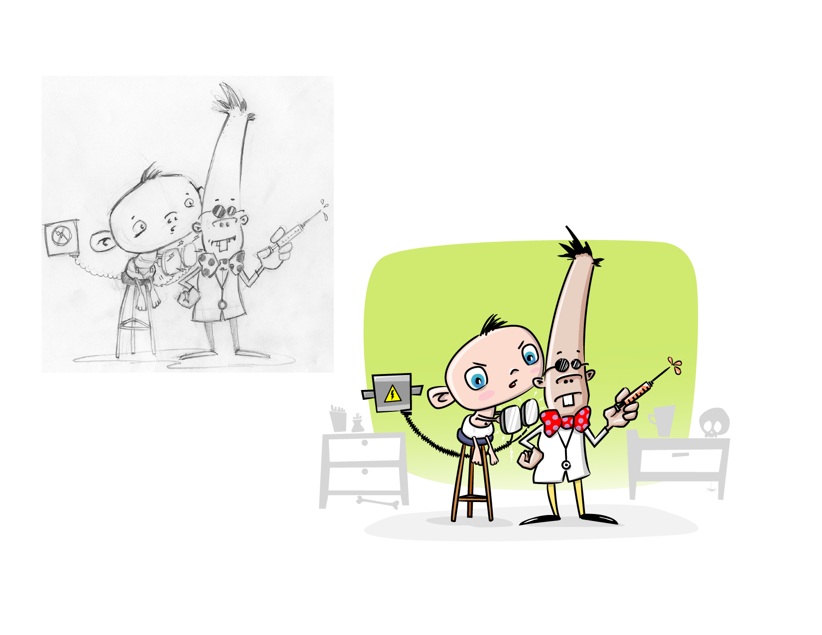 Character design sketch beside finished color illustration