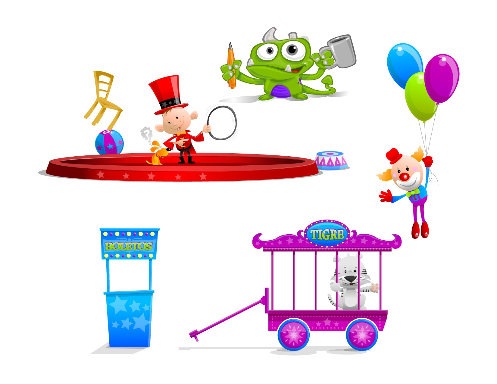 Circus character and prop illustrations