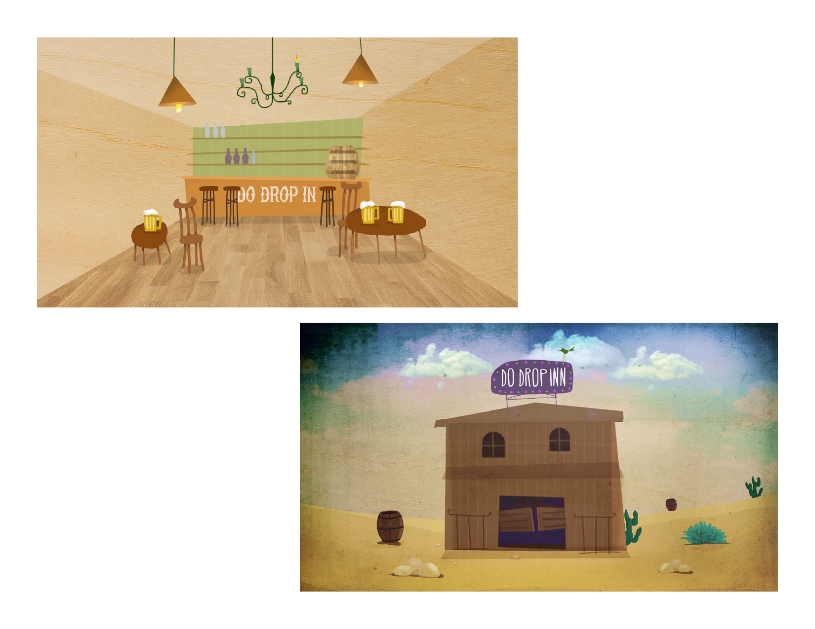 Do Drop Inn bar interior and saloon scene illustrations
