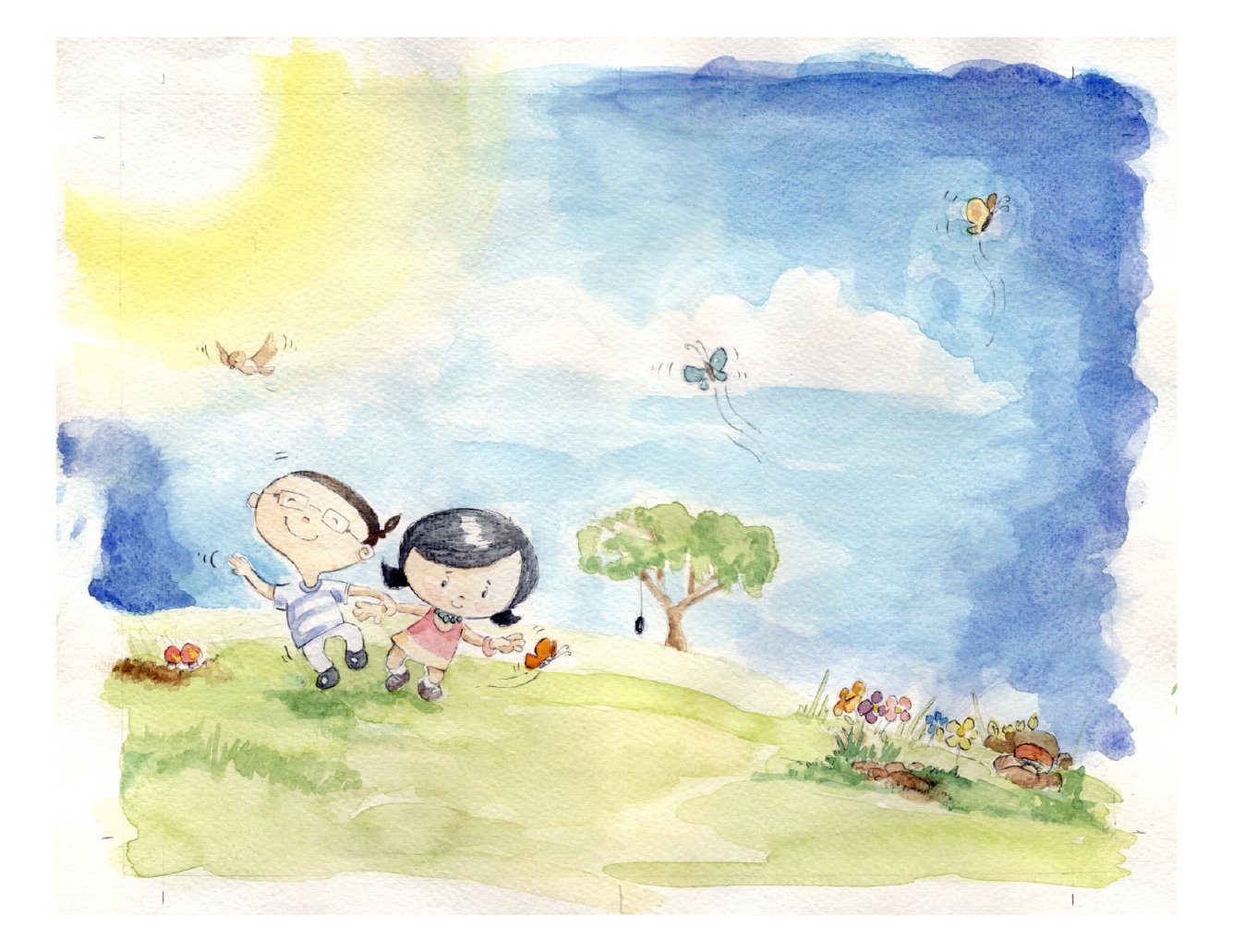 Watercolor illustration of children in a field