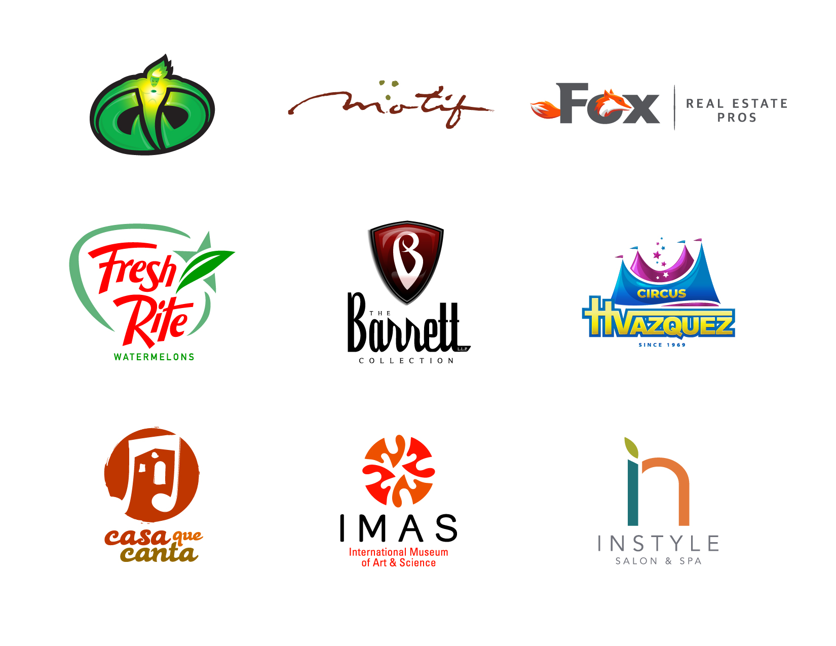 Collection of nine client logos designed by Joel Cervantes