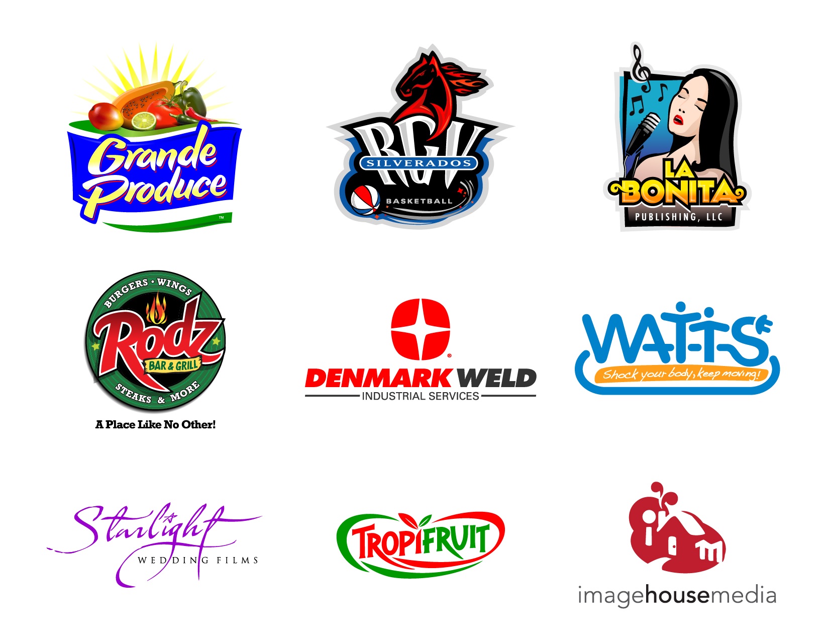 Collection of nine client logos designed by Joel Cervantes