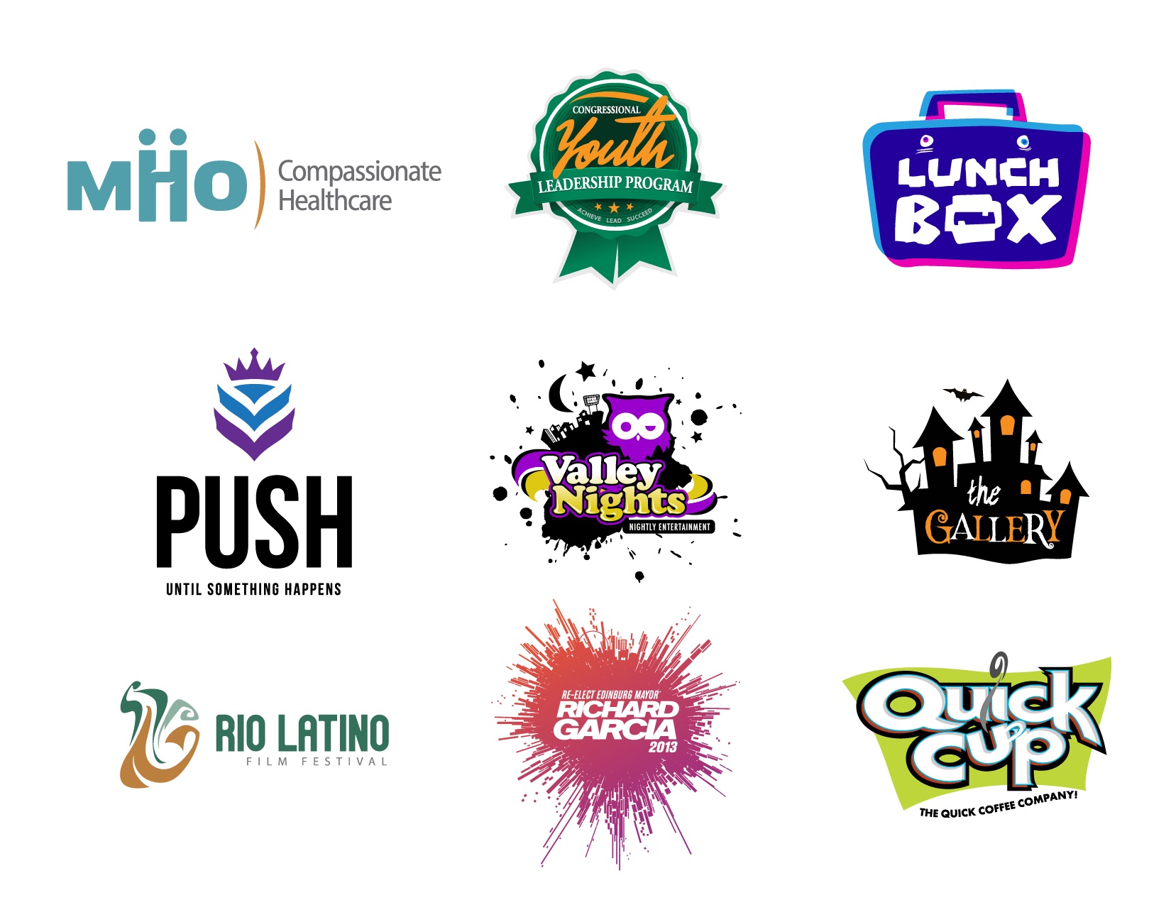 Collection of nine client logos designed by Joel Cervantes