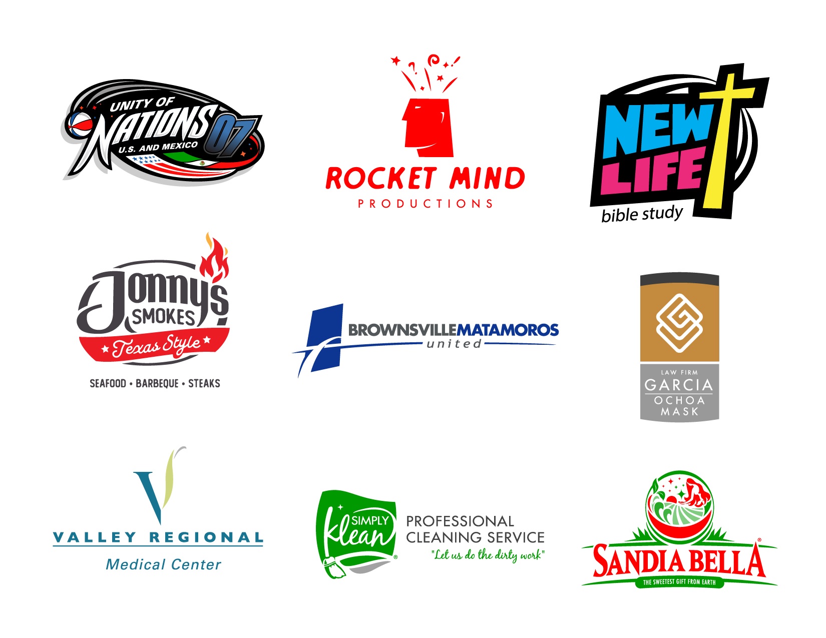 Collection of nine client logos designed by Joel Cervantes